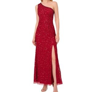Sequined One-Shoulder Dress Adrianna Papell Women's Gown Cranberry Holiday NEW 8